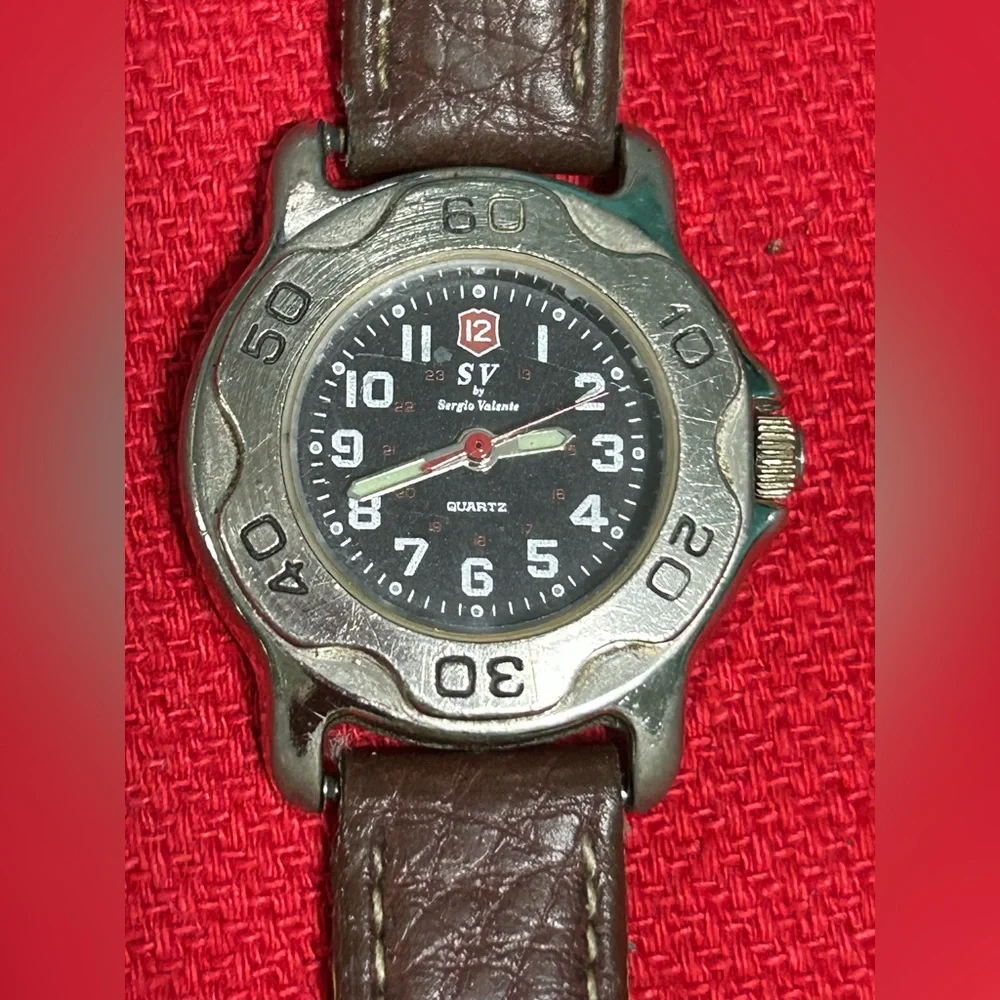 SV by‎ SERGIO VALENTE Quartz Watch Black Dial Brown Leather Band NEW BATTERY